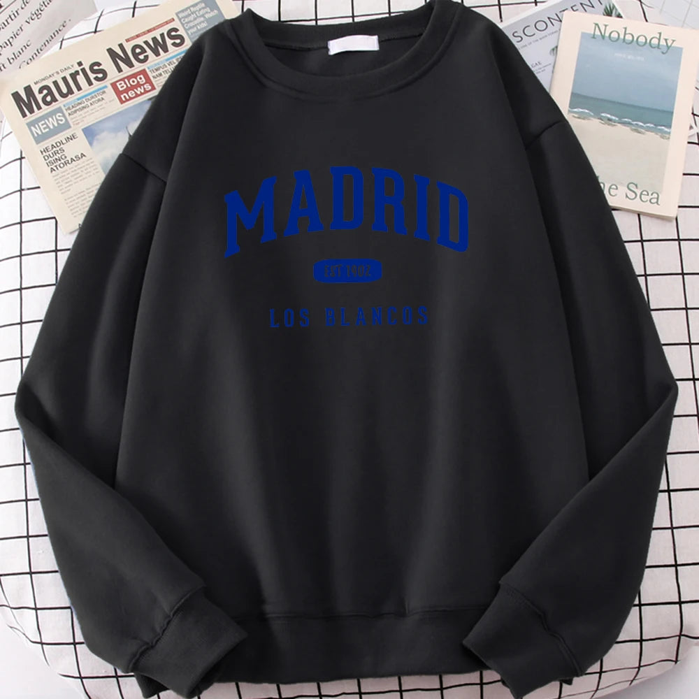 Espanha madrid est 1902 los blancos impressão dos homens com capuz roupas oversize crewneck agasalho solto pulôver masculino streetwear