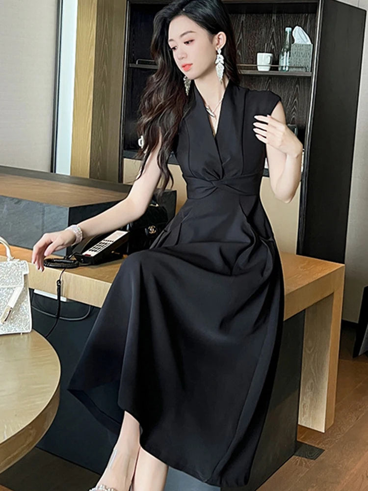 Estilo francês moda verão elegante vestido de noite feminino senhora formal chique sem mangas magro midi festa clube baile robe mujer vestido