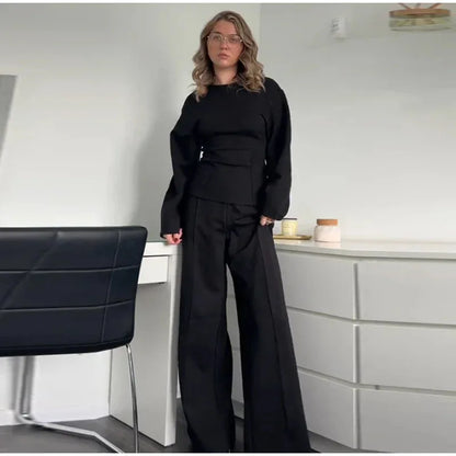 Mulher casual sólido conjunto de duas peças moda o pescoço mangas compridas magro topos calças de perna larga ternos outono inverno senhora roupa de escritório