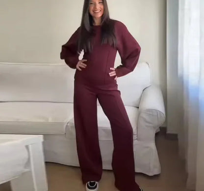 Mulher casual sólido conjunto de duas peças moda o pescoço mangas compridas magro topos calças de perna larga ternos outono inverno senhora roupa de escritório