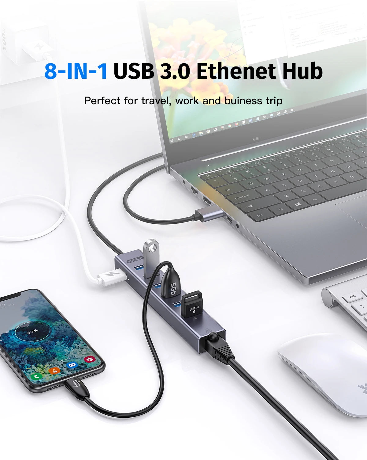 Forida USB 3.0 Hub 8 em 1 USB para rede HUB com 6 portas USB 3.0 de transmissão de dados Gigabit Ethernet e hub adaptador de alimentação 5V/3A