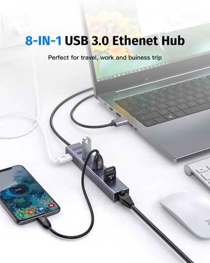 Forida USB 3.0 Hub 8 em 1 USB para rede HUB com 6 portas USB 3.0 de transmissão de dados Gigabit Ethernet e hub adaptador de alimentação 5V/3A