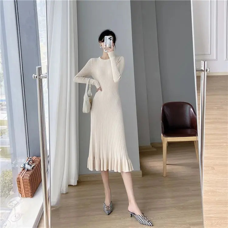 Comprimento do joelho feminino vestido de malha, vestidos monocromáticos, cover up, midi, roupas formais, preto, branco, crochê, moda, moda coreana