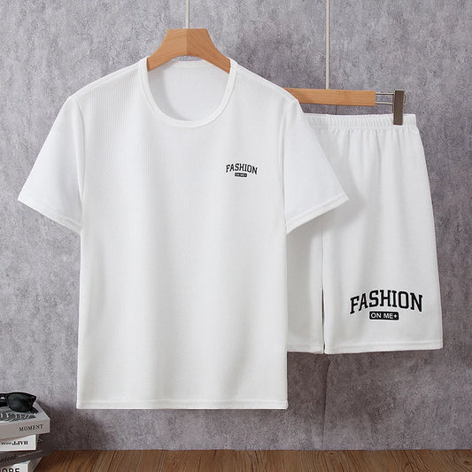 2 peças de verão masculino cor sólida waffle moda terno solto plus size juventude casual respirável manga curta letras coringa shorts