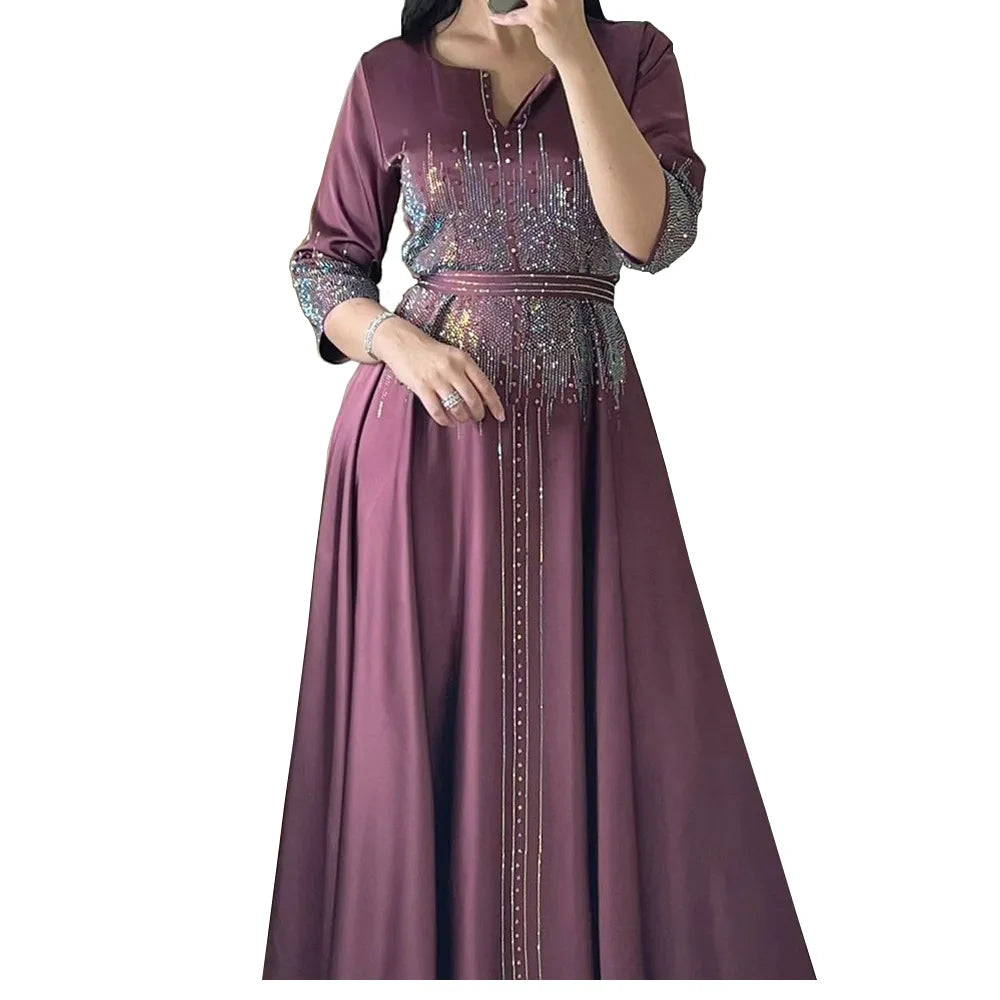 Vestido muçulmano de cetim para mulheres, Abaya Dubai, roupão de jantar, roupas diamantadas, moda