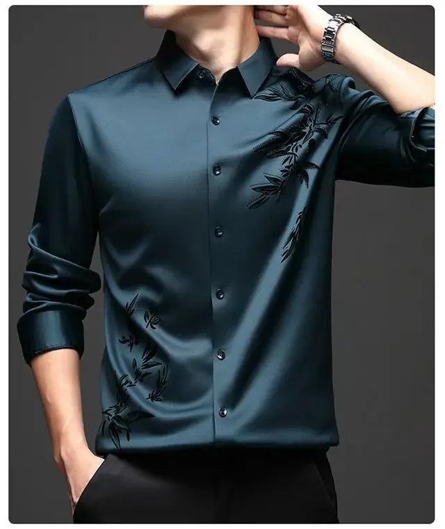 Outono inverno mais lã camisas masculinas impressão anti-rugas térmica turn-down colarinho manga longa banquete único breasted topos