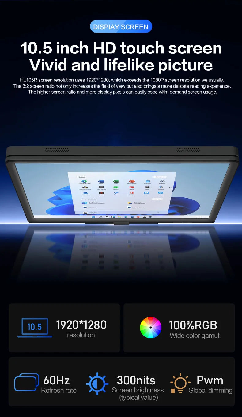 Crelander Yoga Laptop 360° Rotação CPU Intel N150 10,5" Tela sensível ao toque 2K 60Hz Taxa de atualização M2 SSD Desbloqueio facial Mini Laptop