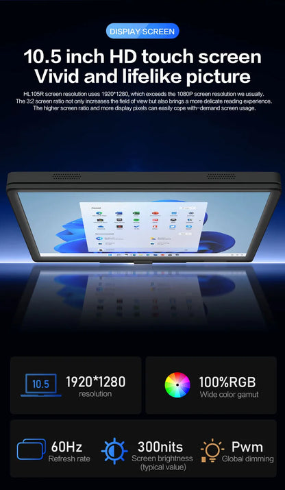 Crelander Yoga Laptop 360° Rotação CPU Intel N150 10,5" Tela sensível ao toque 2K 60Hz Taxa de atualização M2 SSD Desbloqueio facial Mini Laptop