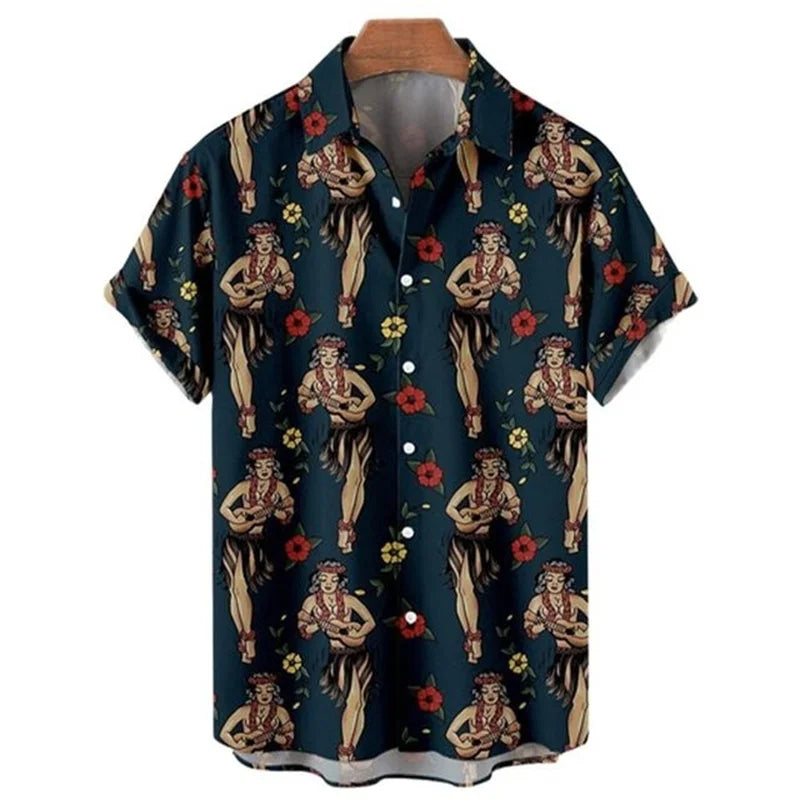 Camisa havaiana retrô masculina com impressão 3D, gráficos sereia, botão casual, manga curta, lapela, streetwear, verão
