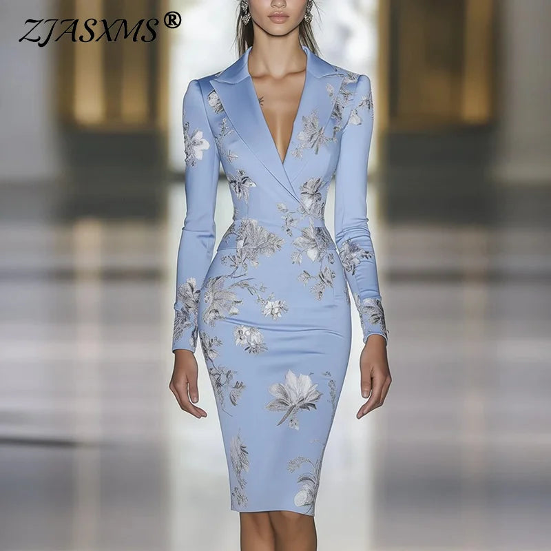 Mulher roupas vestidos 2025 primavera floral impressão bodycon elegante vestido de noite outono manga longa turn-down colarinho vestidos de viagem