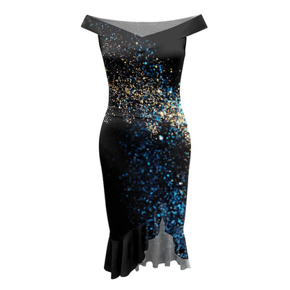 Vestido de festa feminino na altura do joelho, sexy fora do ombro, plissado dividido, bodycon monocromático, glitter, vestidos elegantes, moda feminina