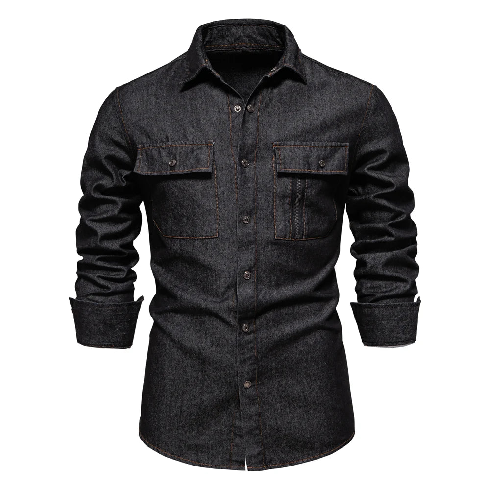AIOPESON Mens 100% Algodão Camisas Jeans Outono Grosso Cowboy Camisa Masculina de Alta Qualidade Botão de Cor Sólida Camisa Jeans Casuais