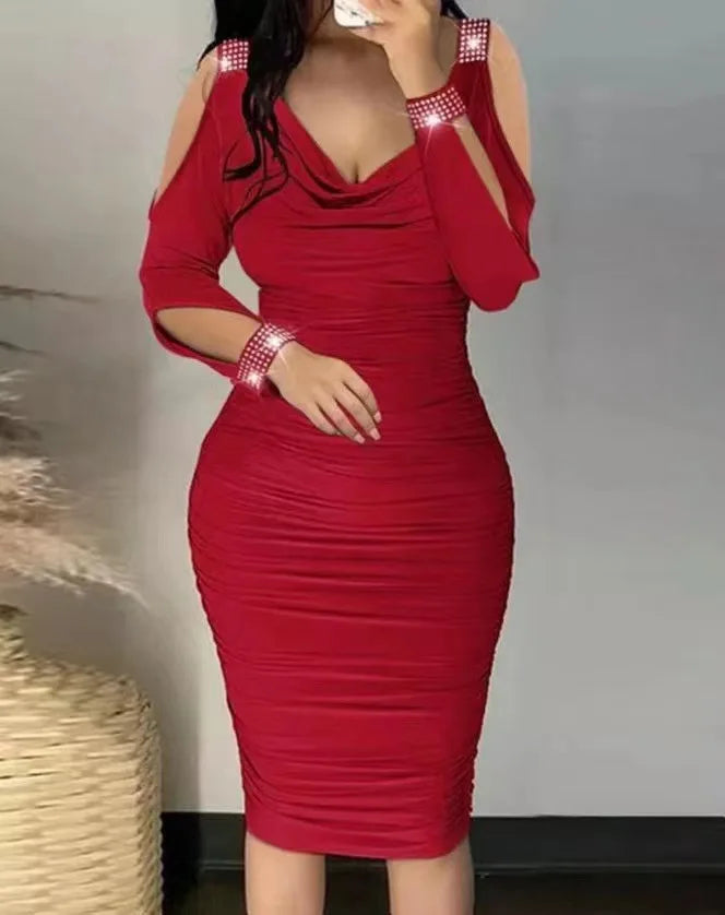 Moda elegante vestido para mulheres sexy bodycon pacote hip fora do ombro manga longa vestidos de festa verão com decote em v novas roupas femininas