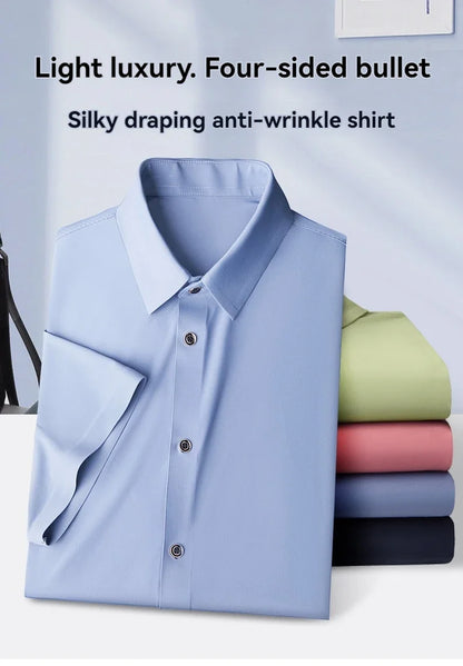 Nova alta qualidade de seda gelo negócios masculinos casual camisa de manga curta verão ultra-fino respirável esportes ao ar livre cor sólida topo