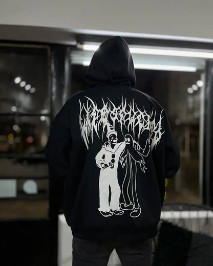 Masculino preto com capuz solto ajuste estilo rua gótico hoodie com punho impressão elegante casual urbano manga longa pulôver design na moda