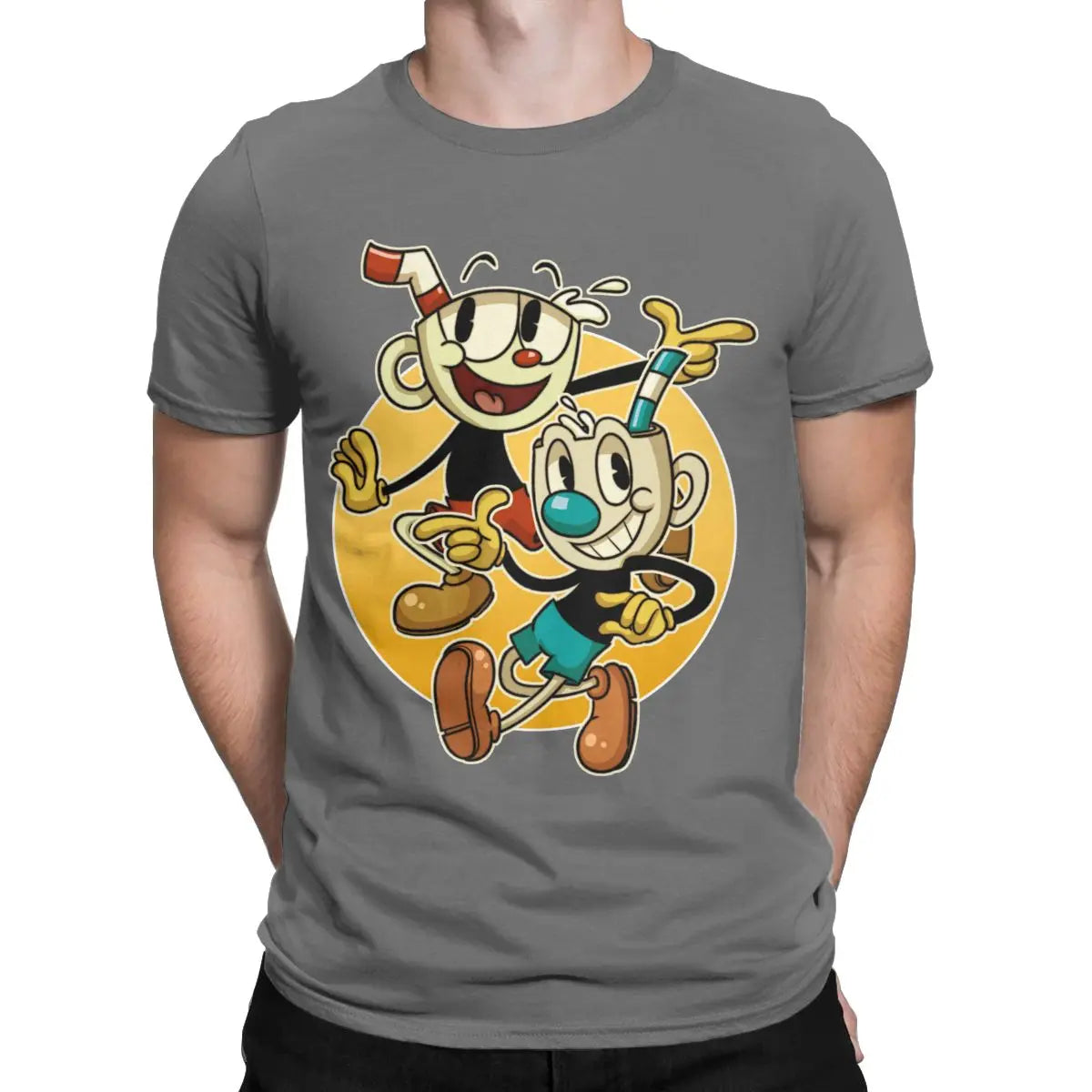 Cuphead & mugman retro jogos camisetas masculinas engraçado camiseta de manga curta o pescoço t-shirts algodão roupas tamanhos grandes