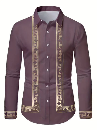 Nova camisa masculina de manga comprida com padrão geométrico – estilo primavera-outono, gola moderna e retrô, camisa com botões. Envio rápido.