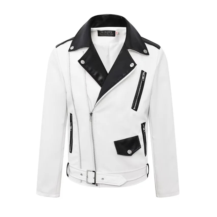 2025 masculino novo bonito, novo zíper oblíquo, jaqueta de couro PU locomotiva combinando com cores casuais