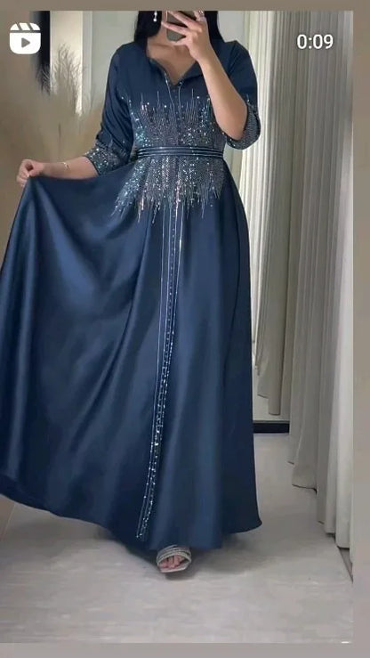 Vestido muçulmano de cetim para mulheres, Abaya Dubai, roupão de jantar, roupas diamantadas, moda