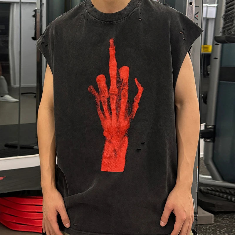 Crânio vermelho impressão de dedo buraco danificado saint tanque t das mulheres dos homens streetwear colete de grandes dimensões vintage washe preto sem mangas t camisa