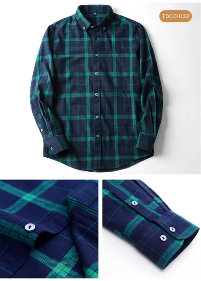 Moda masculina casual xadrez escovado camisa de manga longa, confortável 100% algodão botão para baixo fino ajuste grosso flanela camisas de outono