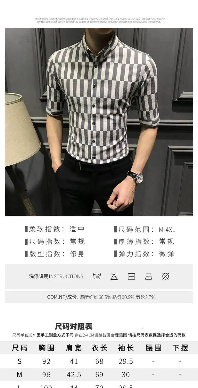 Camisa de manga média listrada estampada masculina, tendência coreana, botão, versátil, gola pontiagudos, top de meia manga, moda verão, novo