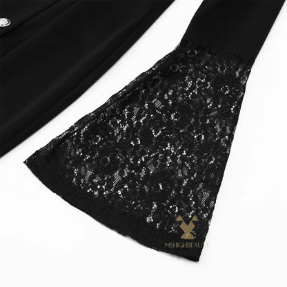 Vestido blazer real feminino manga comprida renda sino punhos duplo breasted com cinto bodycon midi vestido para festa escritório