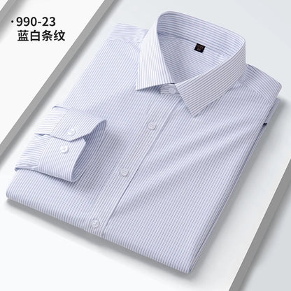 Camisa elástica anti-rugas masculina, manga comprida, slim fit, blusa social e de negócios, vestido branco, qualidade