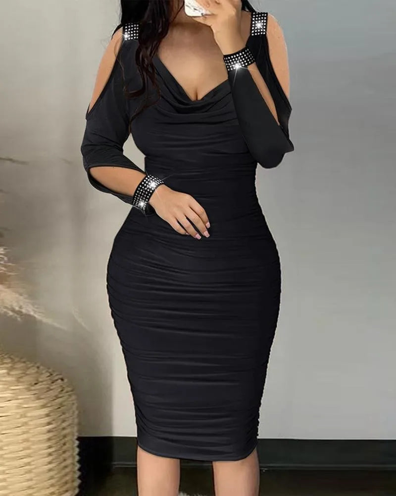 Moda elegante vestido para mulheres sexy bodycon pacote hip fora do ombro manga longa vestidos de festa verão com decote em v novas roupas femininas