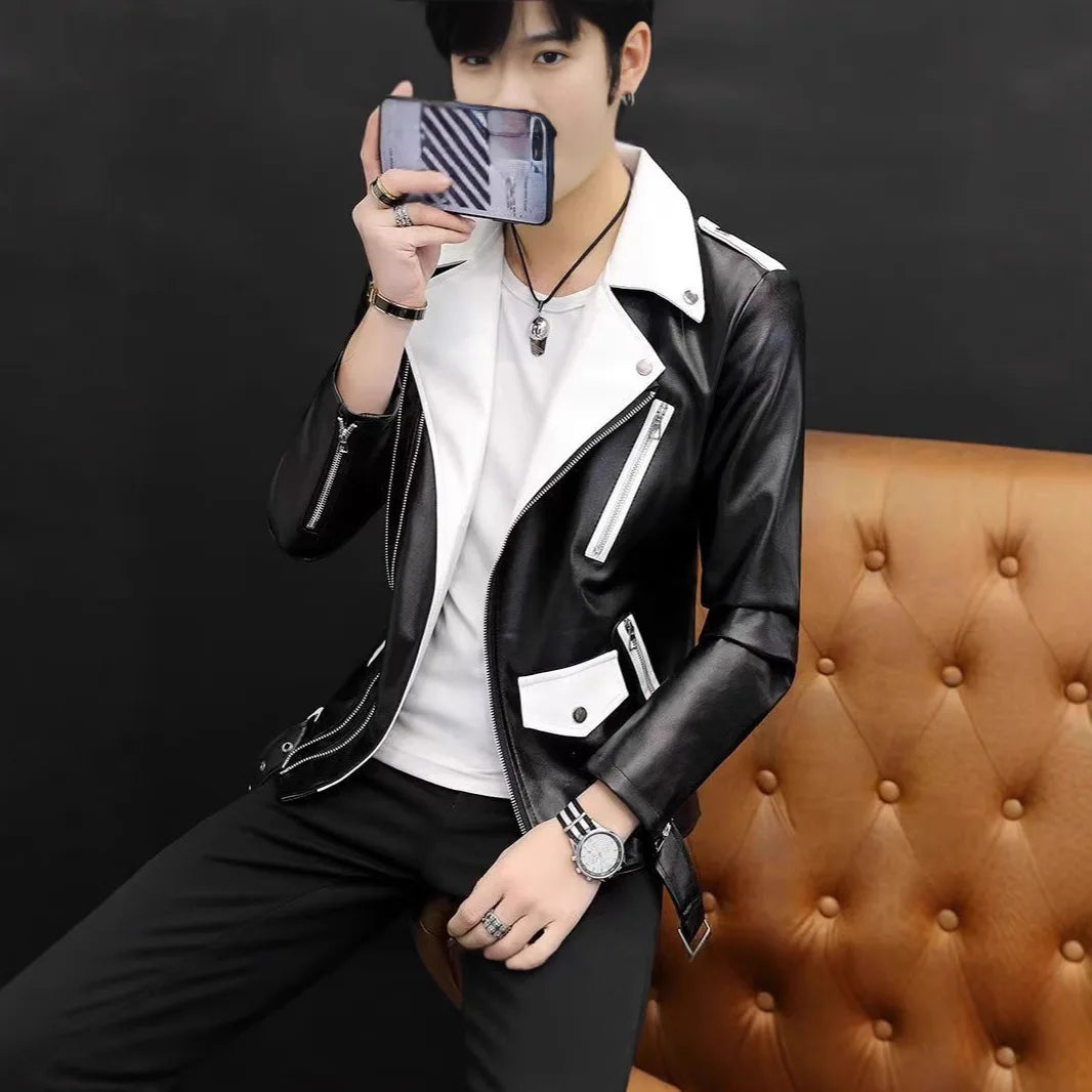 2025 masculino novo bonito, novo zíper oblíquo, jaqueta de couro PU locomotiva combinando com cores casuais
