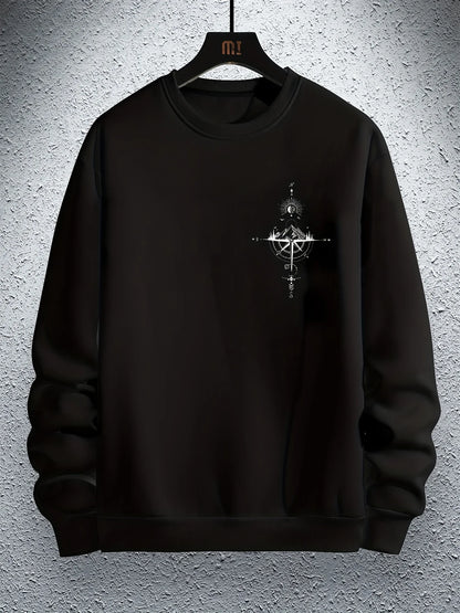 Outono e inverno masculino moda casual solto montanha e bússola impressão gráfica manga comprida em torno do pescoço moletom