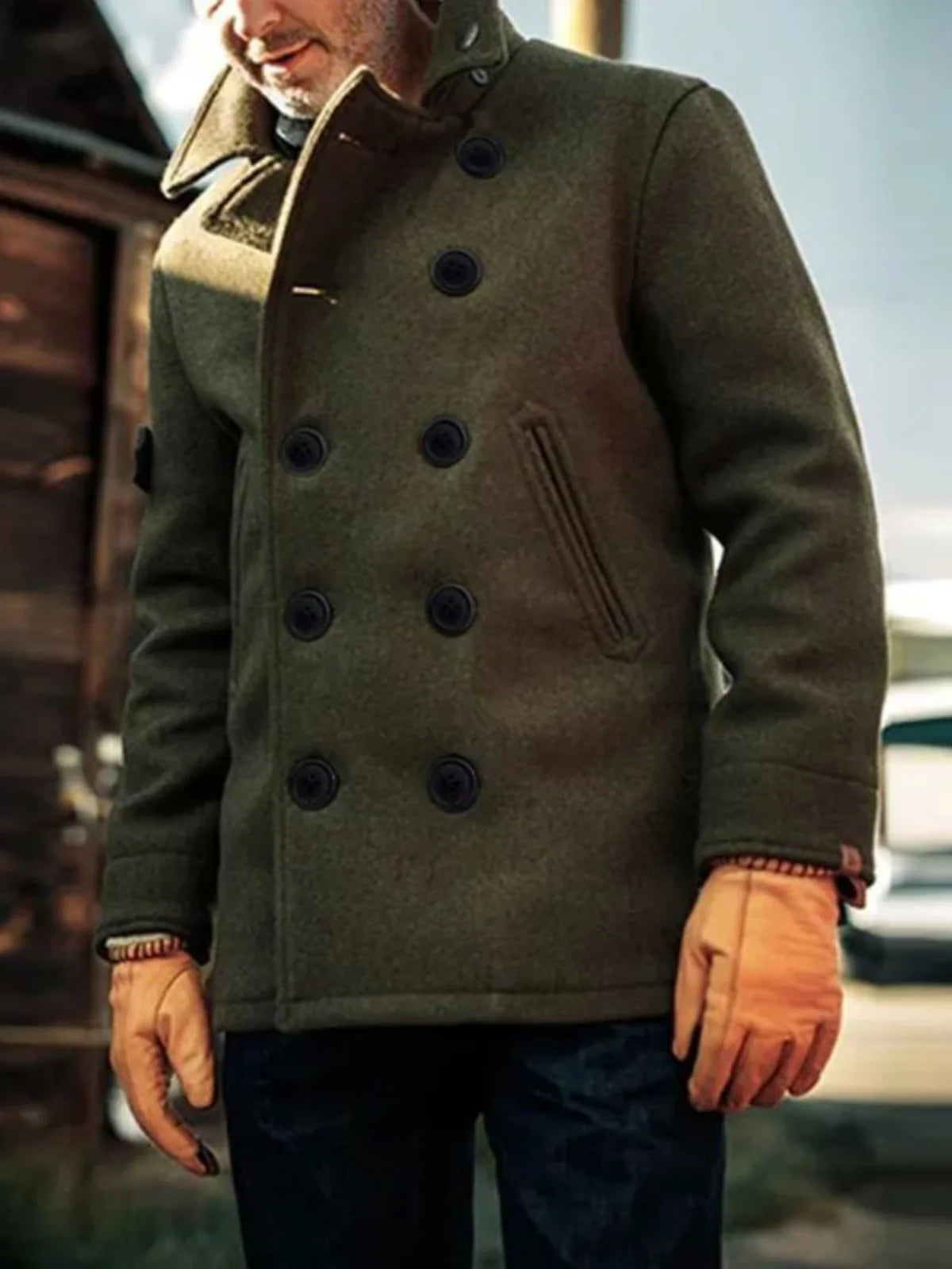 Casaco de lã masculino de cor pura com gola aboa, manga curta e decote em V para jovens no outono.