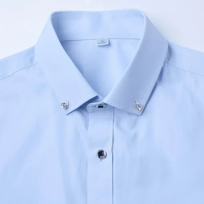 Qualidade de luxo masculino diamante botão sólido vestido camisa casual padrão-ajuste confortável macio camisa de manga longa roupas masculinas