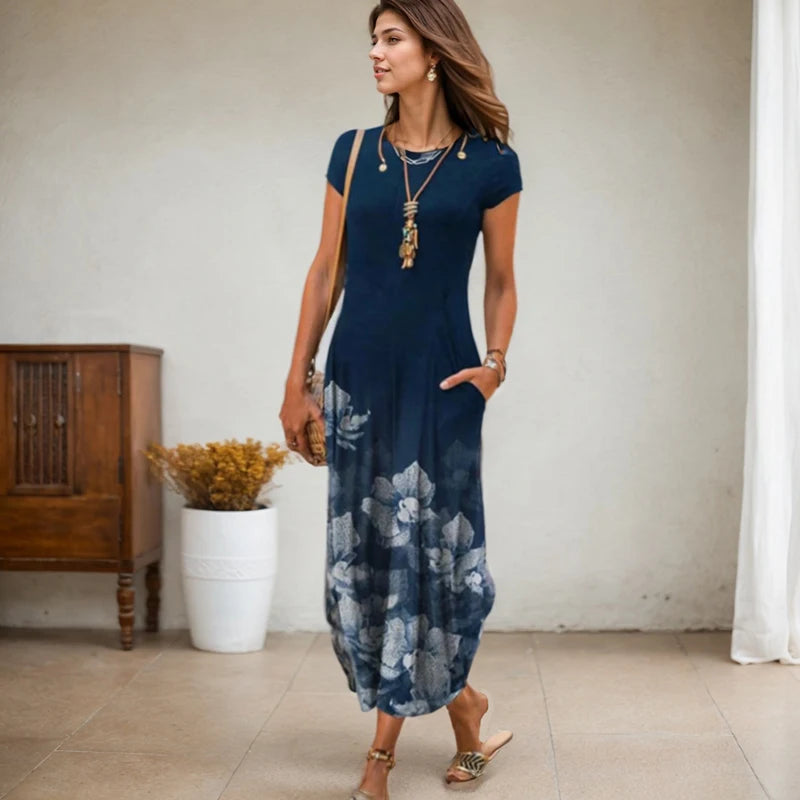 Vestidos de festa de verão novo casual moda impresso vestidos de bolso vintage floral impressão manga curta vestidos arty para mulher