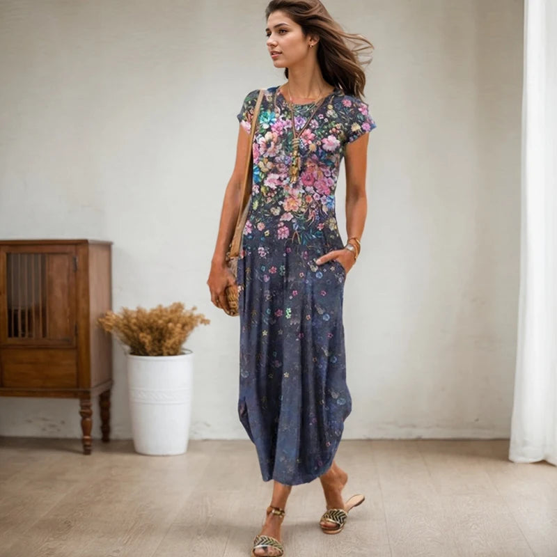 Vestidos de festa de verão novo casual moda impresso vestidos de bolso vintage floral impressão manga curta vestidos arty para mulher