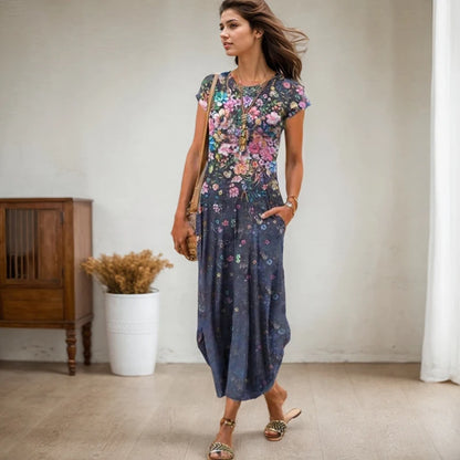 Vestidos de festa de verão novo casual moda impresso vestidos de bolso vintage floral impressão manga curta vestidos arty para mulher