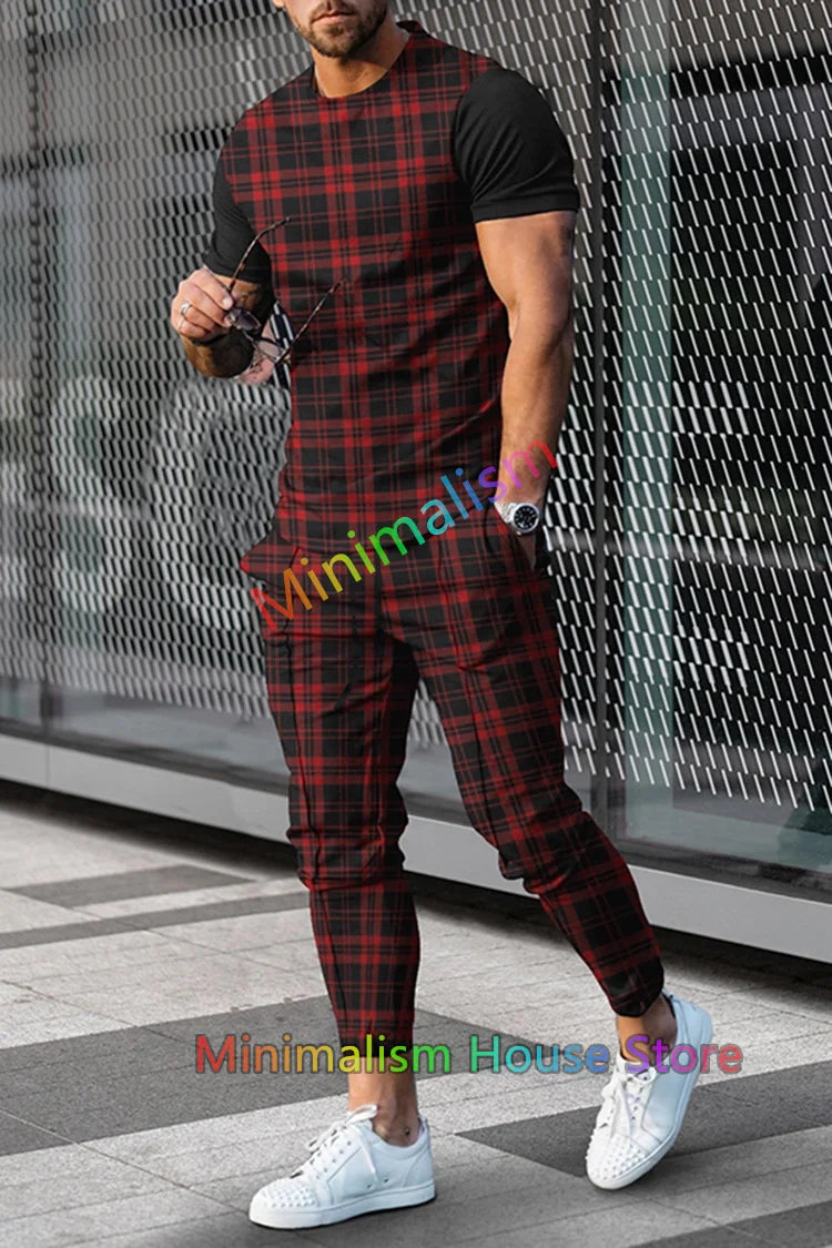 Calças masculinas conjunto de treino 2 peças 3d impresso jogger roupas esportivas manga curta t camisa + calças compridas terno casual roupas de rua