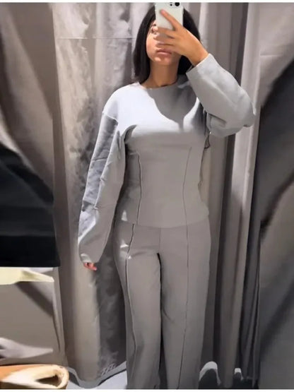 Mulher casual sólido conjunto de duas peças moda o pescoço mangas compridas magro topos calças de perna larga ternos outono inverno senhora roupa de escritório