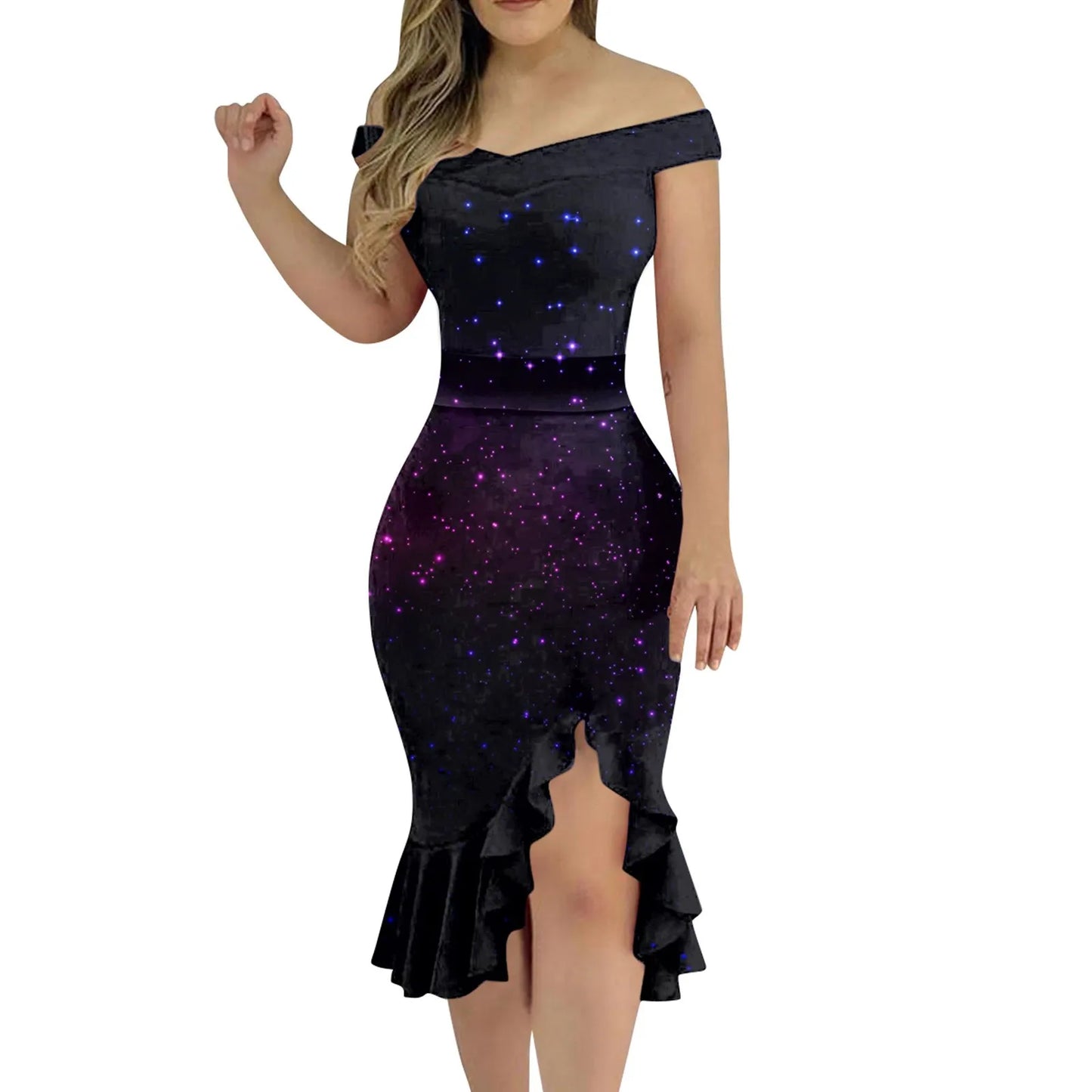 Vestido de festa feminino na altura do joelho, sexy fora do ombro, plissado dividido, bodycon monocromático, glitter, vestidos elegantes, moda feminina