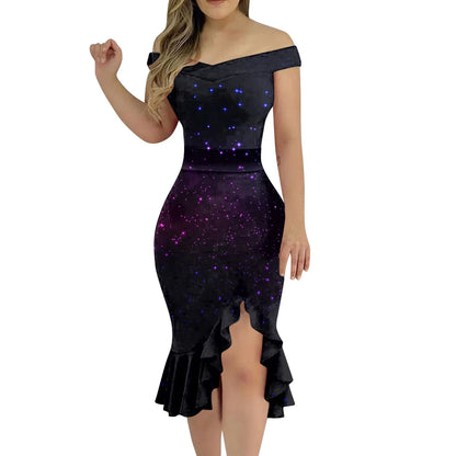 Vestido de festa feminino na altura do joelho, sexy fora do ombro, plissado dividido, bodycon monocromático, glitter, vestidos elegantes, moda feminina