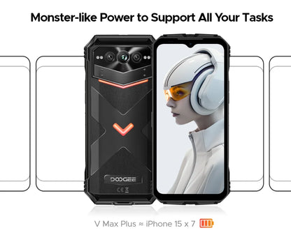Estreia mundial doogee v max plus telefone robusto 22000mah 36gb (16 +20) 512gb 200mp câmera telefone 6.58 "120hz dimensão 7050 android14