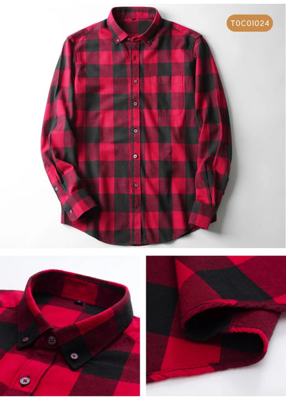 Moda masculina casual xadrez escovado camisa de manga longa, confortável 100% algodão botão para baixo fino ajuste grosso flanela camisas de outono