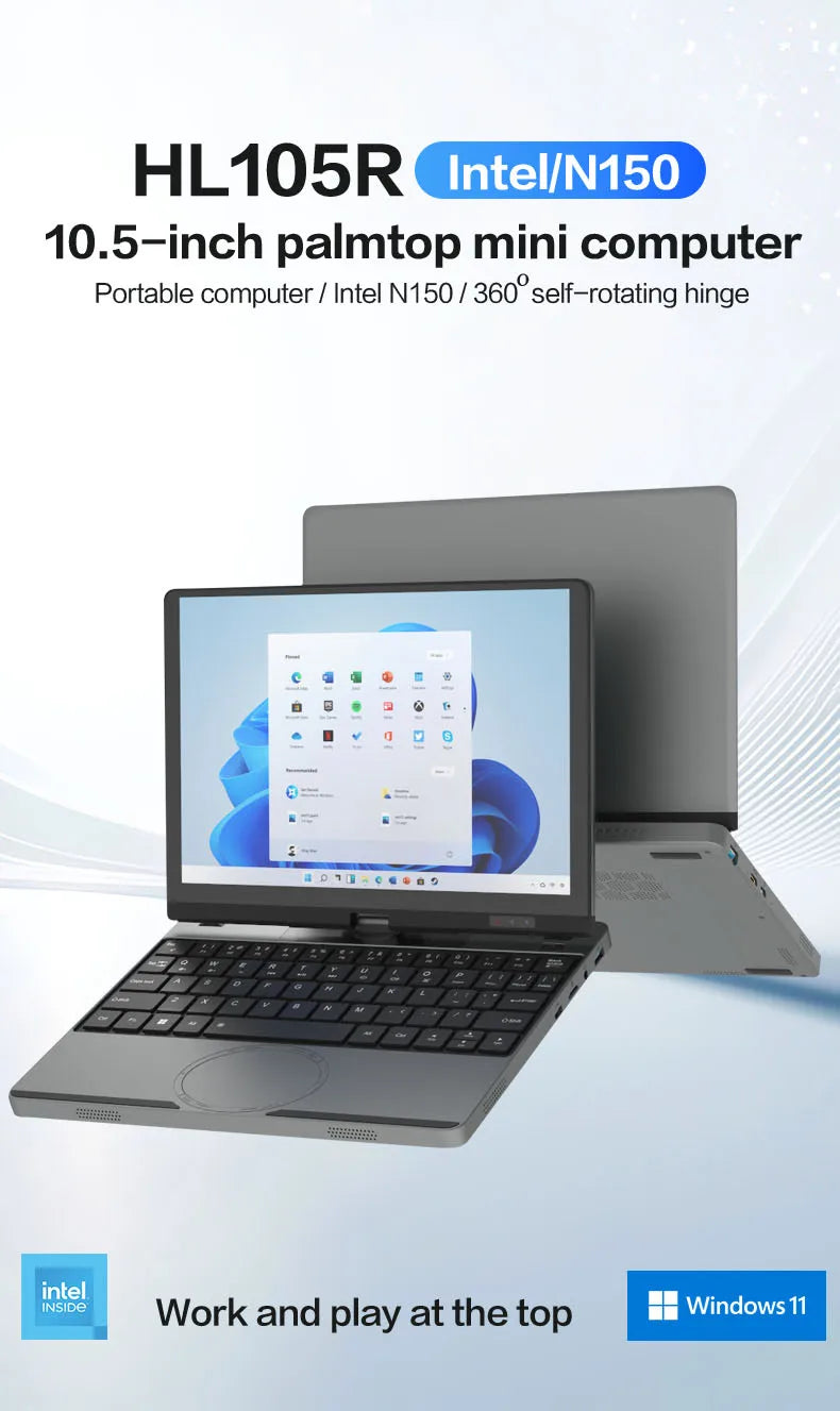 Crelander Yoga Laptop 360° Rotação CPU Intel N150 10,5" Tela sensível ao toque 2K 60Hz Taxa de atualização M2 SSD Desbloqueio facial Mini Laptop