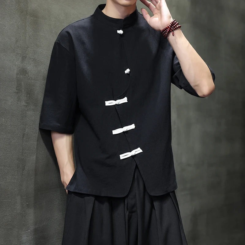 Camisa de linho de algodão masculina verão luz fina manga curta topo streetwear solto oversize casual estilo chinês camisa tang terno hanfu