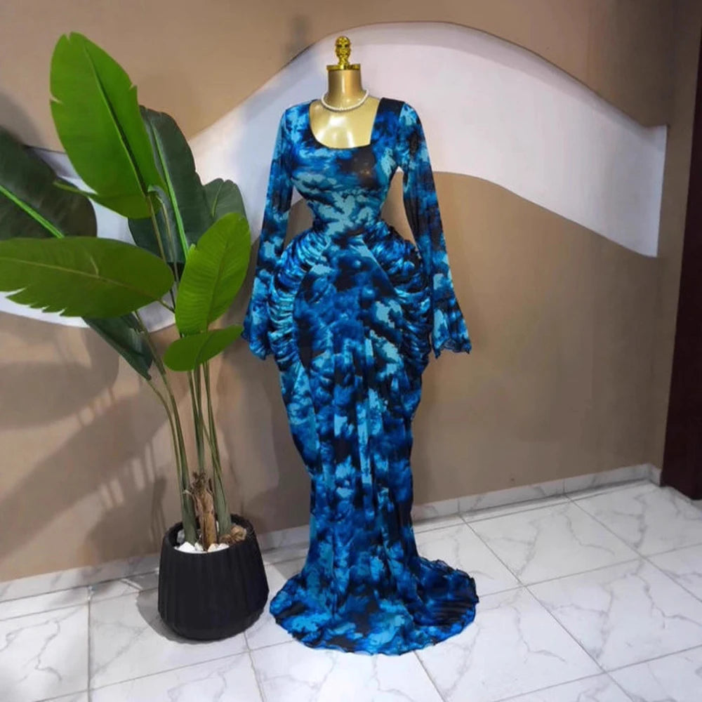 Vestidos de jantar elegantes para mulheres vestidos de festa de aniversário 2025 outono moda impressa manga cheia cabido ruched maxi vestido longo