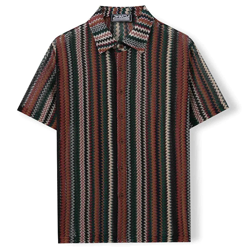 Novo étnico listrado masculino cardigan topos chique oco para fora manga curta casual camisa de renda moda streetwear premium blusa respirável