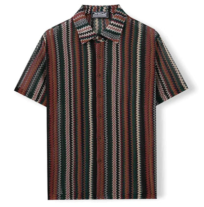 Novo étnico listrado masculino cardigan topos chique oco para fora manga curta casual camisa de renda moda streetwear premium blusa respirável