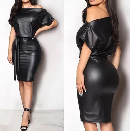 Vestidos casuais preto assimétrico sexy falso couro bodycon vestido feminino verão manga longa na altura do joelho lápis