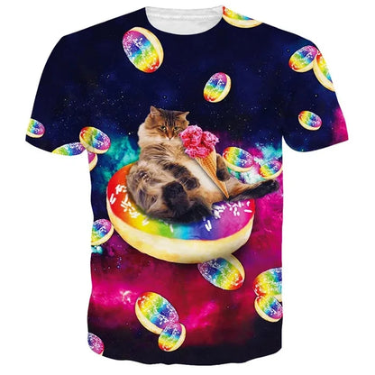 Verão 3d impressão gatos engraçados t camisa masculina galáxia gato gráfico manga curta personalidade casual o-pescoço rua em torno do pescoço camisetas roupas