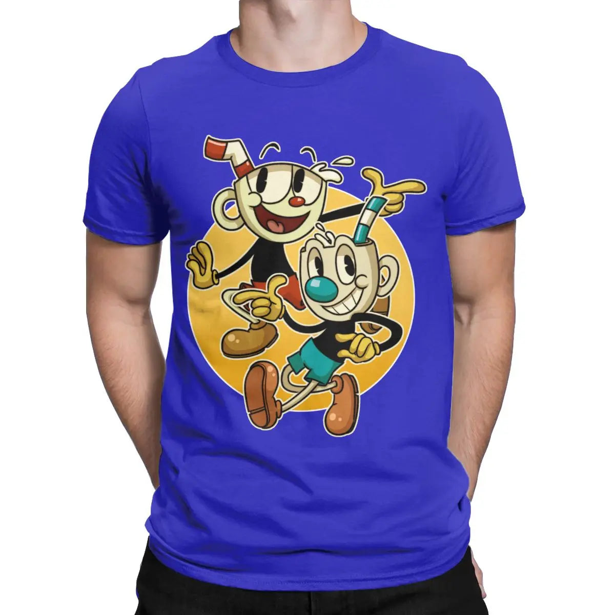 Cuphead & mugman retro jogos camisetas masculinas engraçado camiseta de manga curta o pescoço t-shirts algodão roupas tamanhos grandes